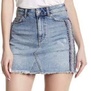 Free People Distressed Denim summer Mini Skirt beaded details cutoof fringe